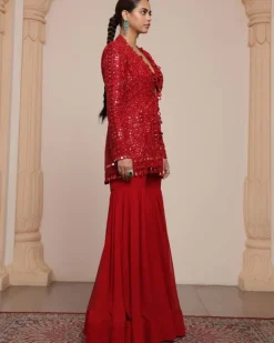 Red Linear Jacket And Gharara Set