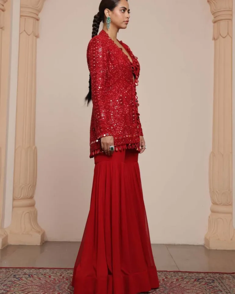 Red Linear Jacket And Gharara Set