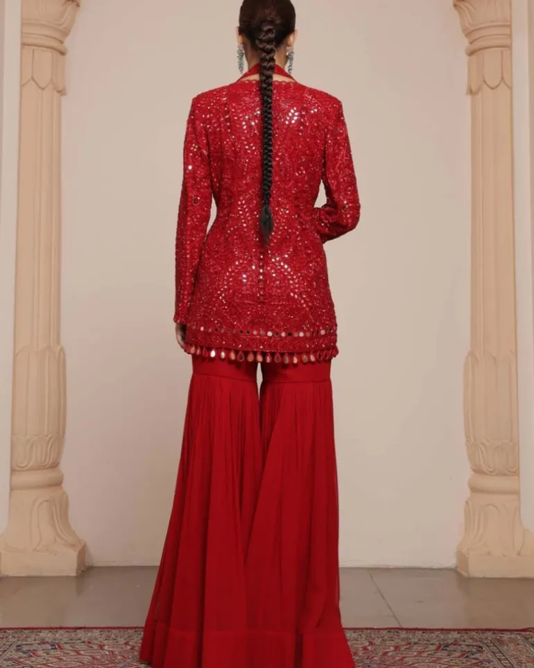 Red Linear Jacket And Gharara Set