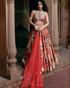 Red Map Printed Lehenga Set