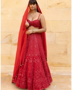 Red Mirror & Cutdana Embroidered Lehenga Set