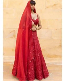 Red Mirror & Cutdana Embroidered Lehenga Set
