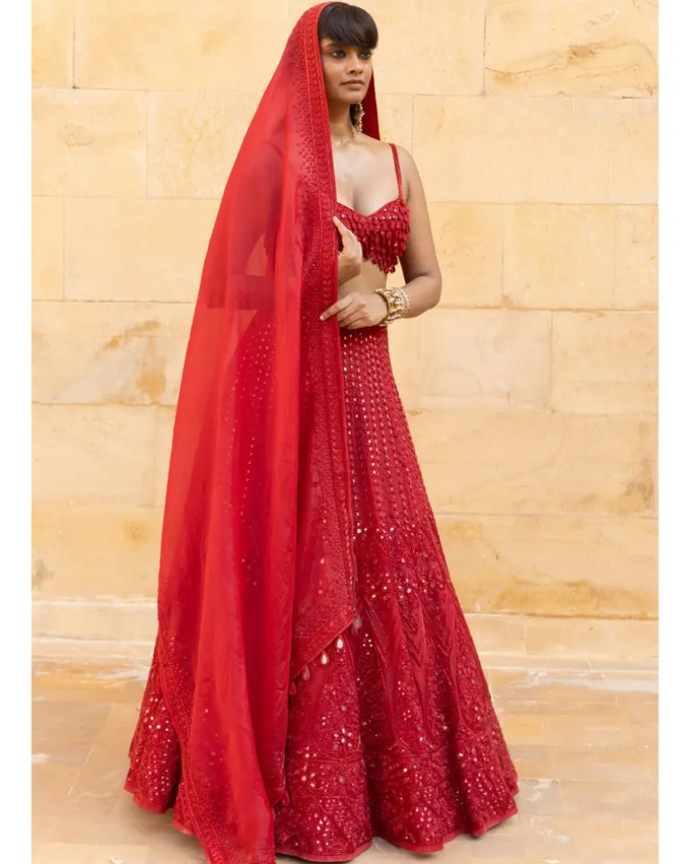 Red Mirror & Cutdana Embroidered Lehenga Set