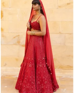 Red Mirror & Cutdana Embroidered Lehenga Set