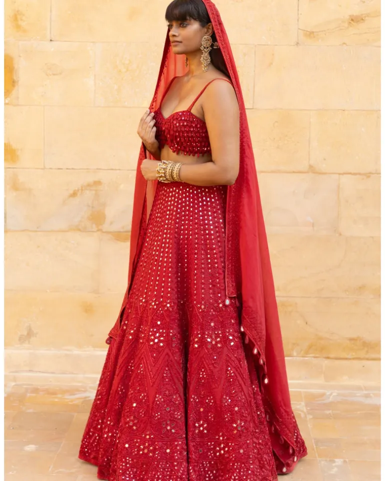 Red Mirror & Cutdana Embroidered Lehenga Set