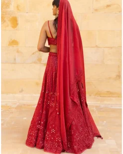 Red Mirror & Cutdana Embroidered Lehenga Set