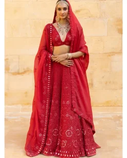 Red Mirror Embroidered Lehenga Set