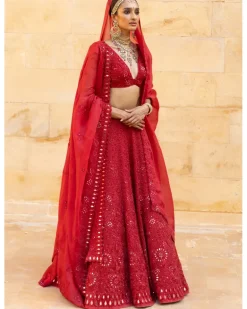 Red Mirror Embroidered Lehenga Set