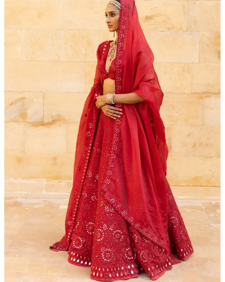 Red Mirror Embroidered Lehenga Set