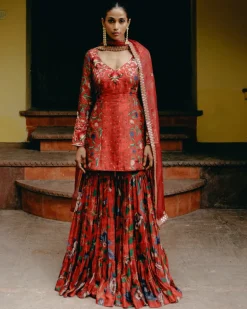 Red Mix Print Gharara Set