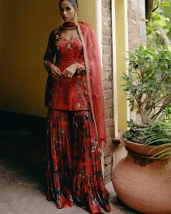 Red Mix Print Gharara Set