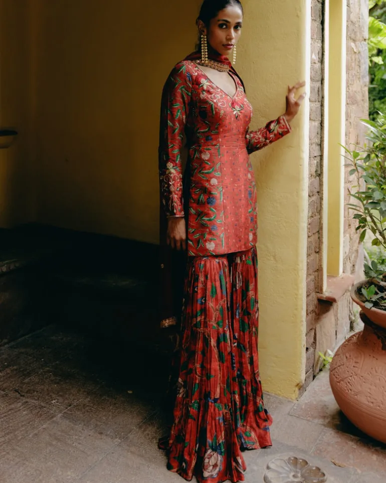 Red Mix Print Gharara Set