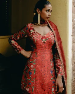 Red Mix Print Gharara Set