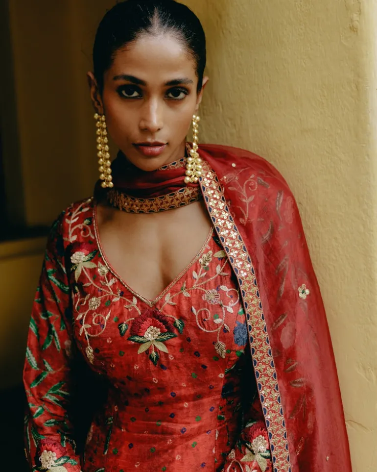 Red Mix Print Gharara Set