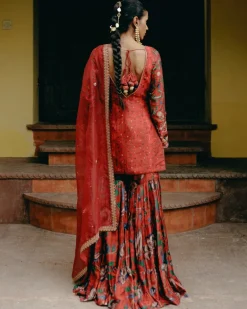 Red Mix Print Gharara Set