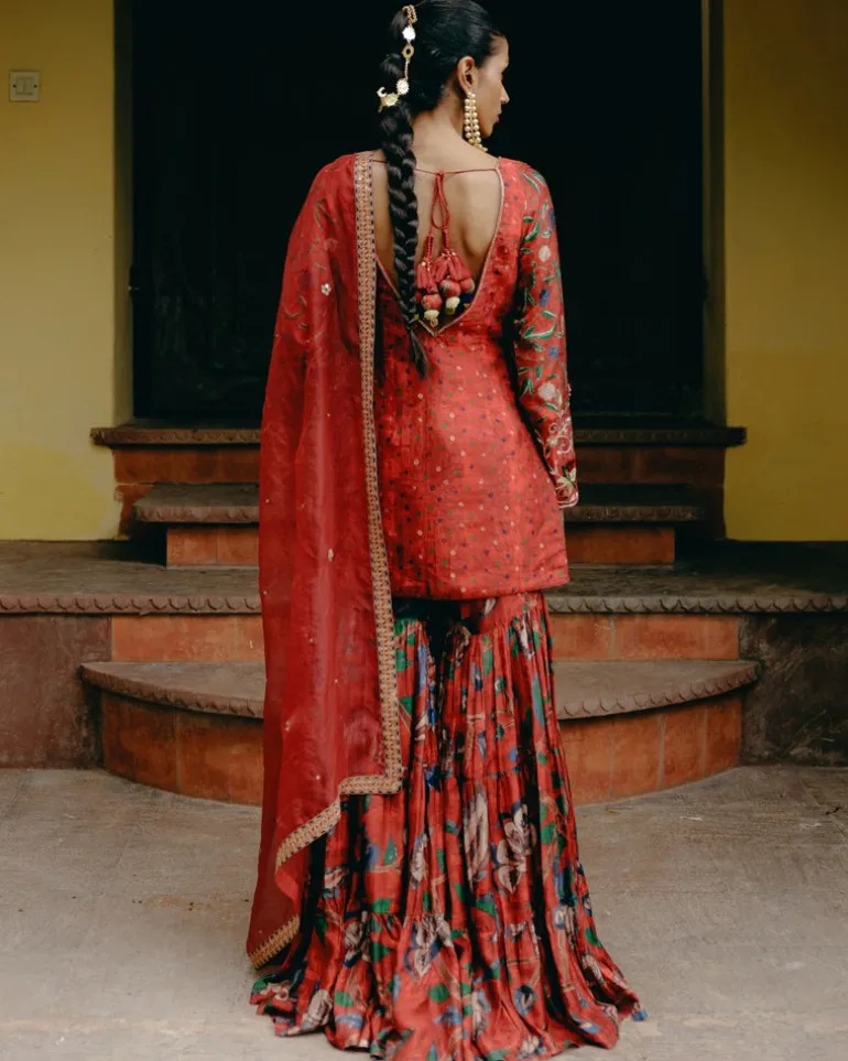 Red Mix Print Gharara Set