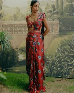 Red Mix Print Sari Set