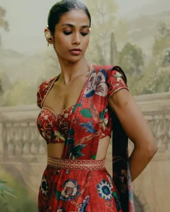 Red Mix Print Sari Set