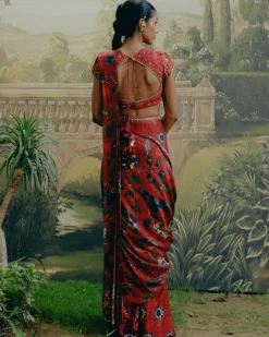 Red Mix Print Sari Set
