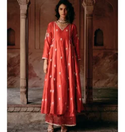 Red Modal Silk Anarkali Set