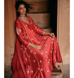 Red Modal Silk Anarkali Set