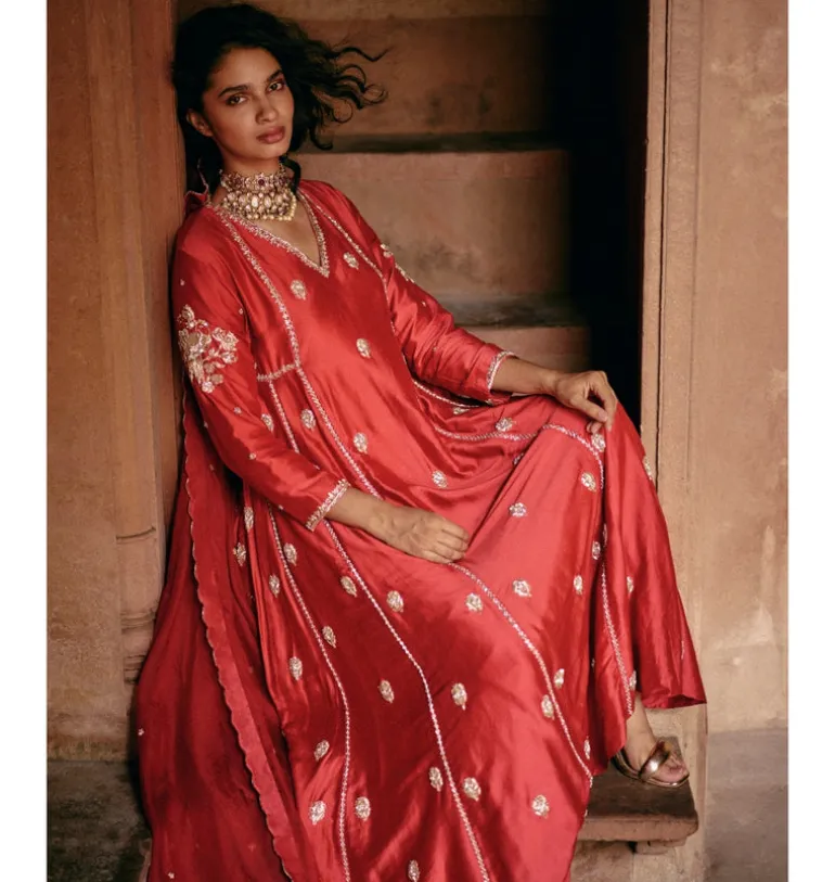 Red Modal Silk Anarkali Set