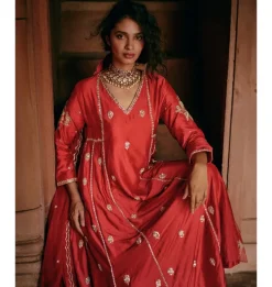 Red Modal Silk Anarkali Set