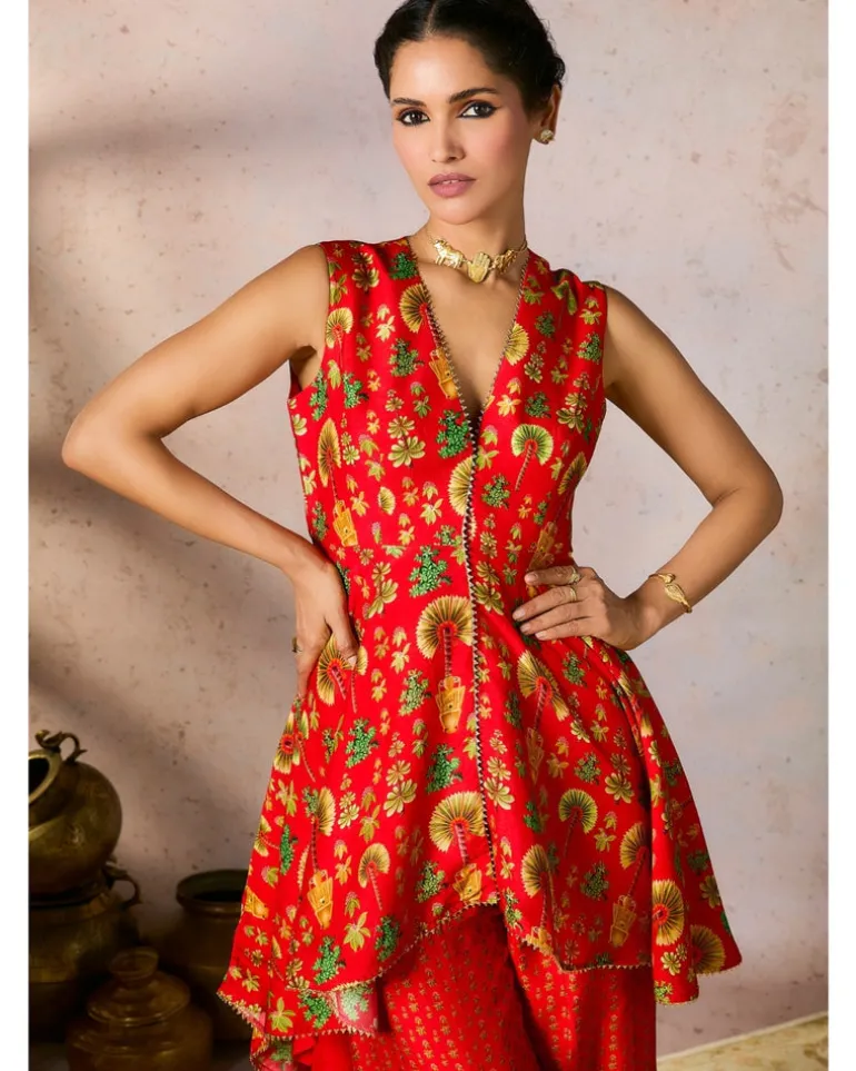 Red Nomadic Tribe Tunic Set