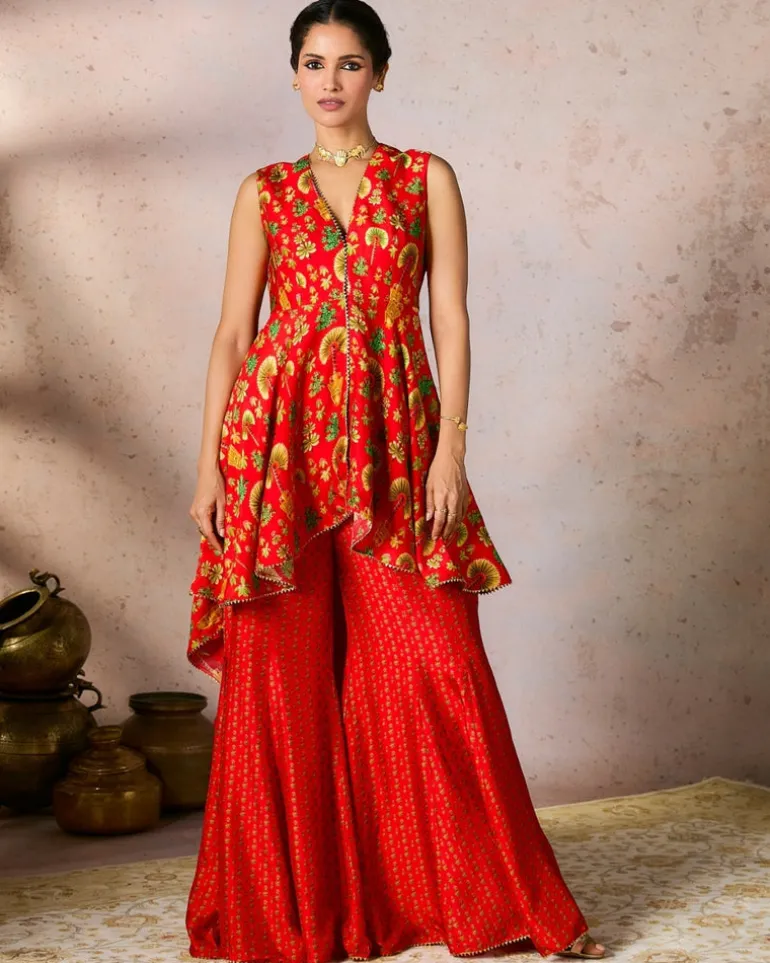 Red Nomadic Tribe Tunic Set