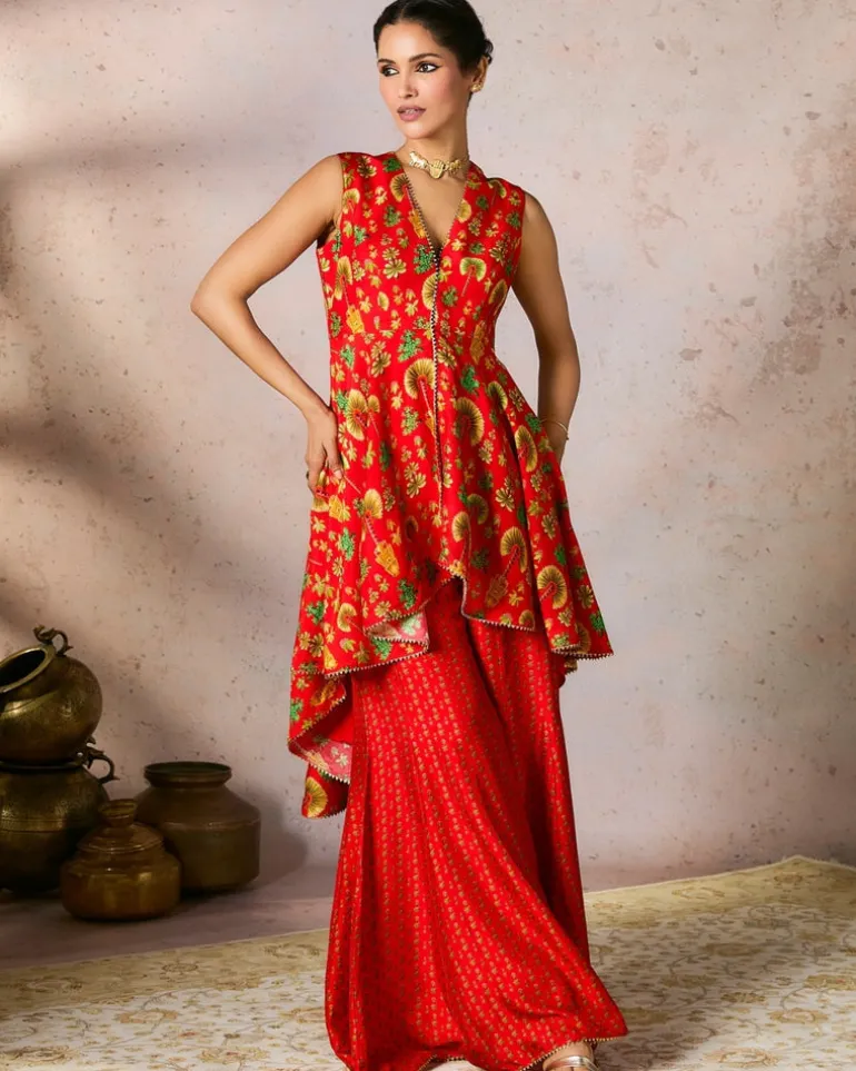 Red Nomadic Tribe Tunic Set