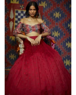Red Off Shoulder Lehenga Set