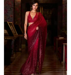 Red Ombre Sequin Georgette Sari