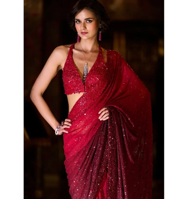 Red Ombre Sequin Georgette Sari