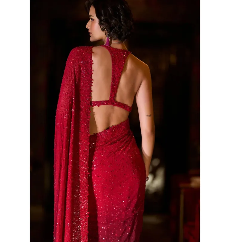 Red Ombre Sequin Georgette Sari
