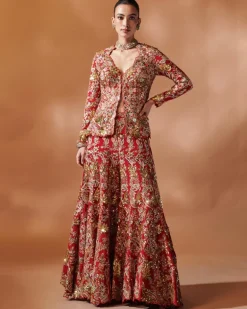 Red Open Jacket Sharara Set
