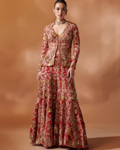 Red Open Jacket Sharara Set