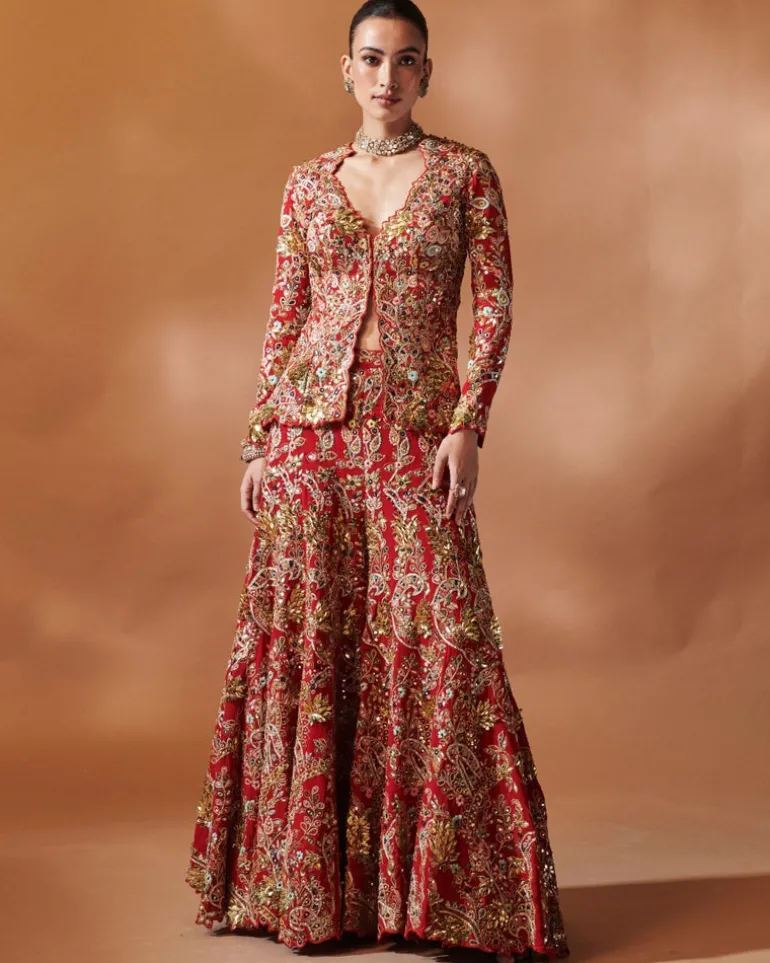 Red Open Jacket Sharara Set