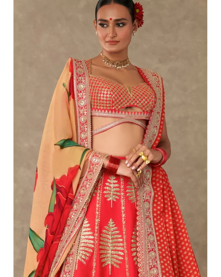 Red Paan Patti Lehenga Set