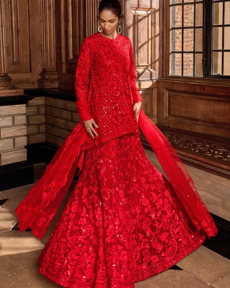 Red Paisley Thread Work Sharara Set