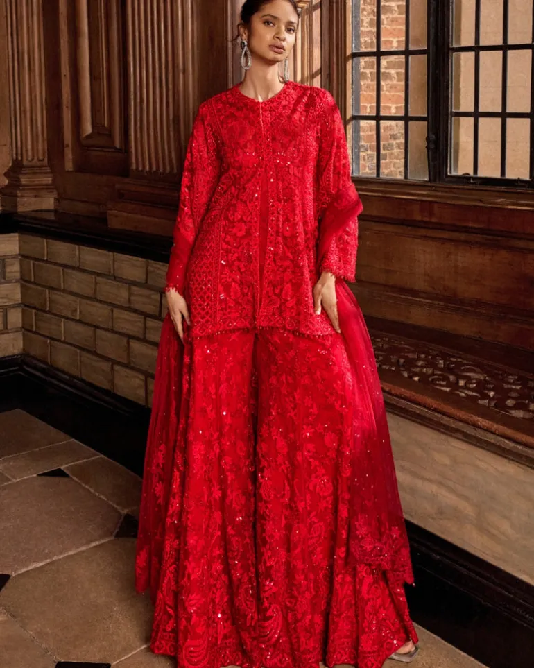Red Paisley Thread Work Sharara Set