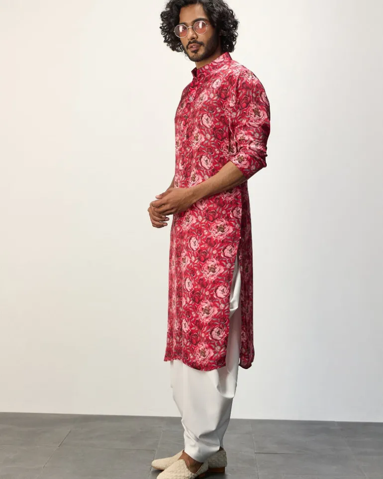 Red Peonies Printed Kurta Set
