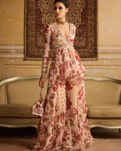 Red Print Embroidered Blouse And Kurti Set