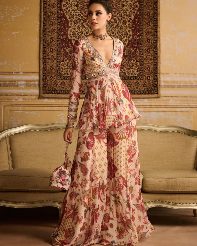 Red Print Embroidered Blouse And Kurti Set