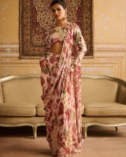 Red Print Embroidered Blouse And Sharara Sari Set