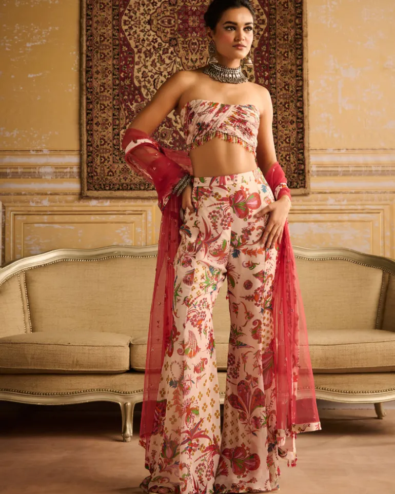 Red Print Embroidered Blouse And Pant Set
