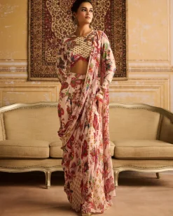 Red Print Embroidered Blouse And Sharara Sari Set