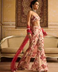 Red Print Embroidered Blouse And Pant Set