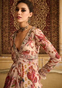 Red Print Embroidered Blouse And Kurti Set
