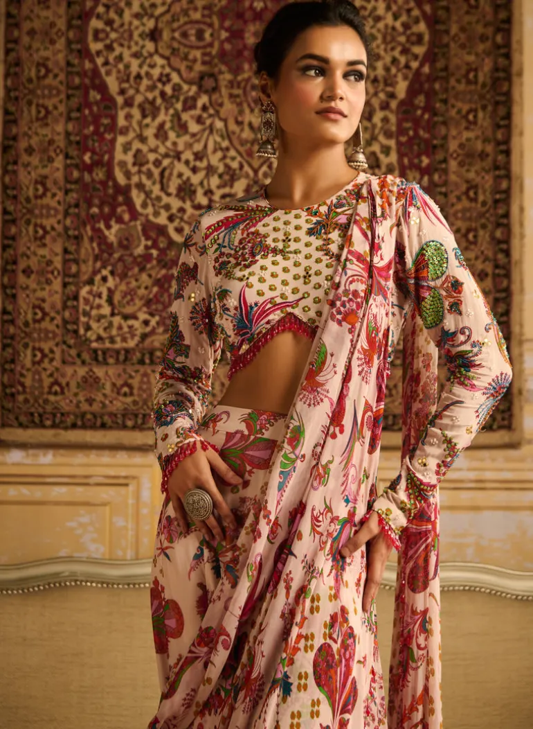 Red Print Embroidered Blouse And Sharara Sari Set