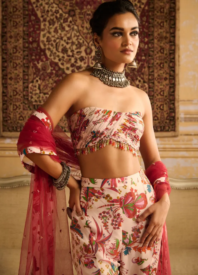 Red Print Embroidered Blouse And Pant Set